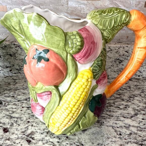 Pitcher, Vintage, Majolica, Ceramic Handpainted Garden Vegetables Decor, Italian - Picture 2 of 10